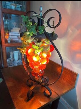 MCM Orange Grape Cluster Glass Lamp with Wrought Iron Stand